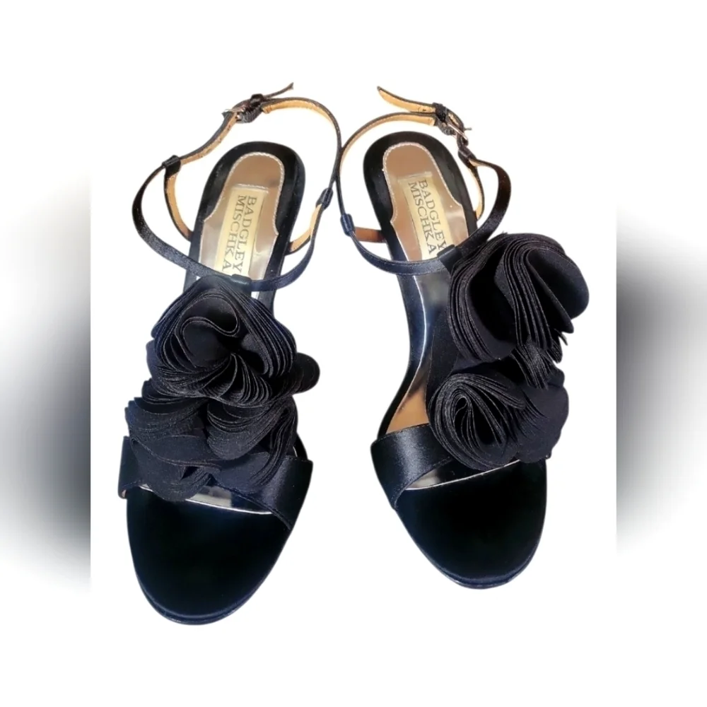 Badgley Mischka Women's Rose Petals Holiday Randee Black Satin Sandals 6 1/2 M